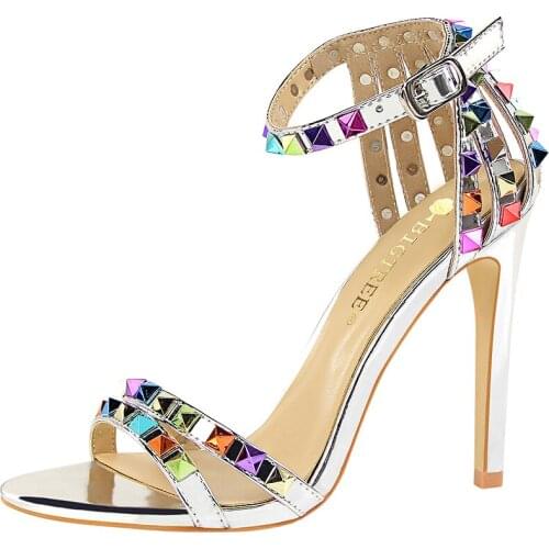Colorful Gladiator Sandals Women Rivet High Heels Stiletto Elegant Bling Bling Party Wedding Summer Shoes Ladies Footwear Luxury