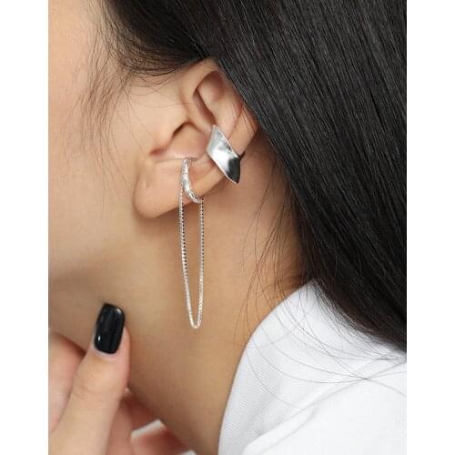 Real 925 Sterling Silver Long Chain Tassel Clip Earrings For Women Ear cuffs,Simple Circle Fake Earings Without Piercing Jewelry