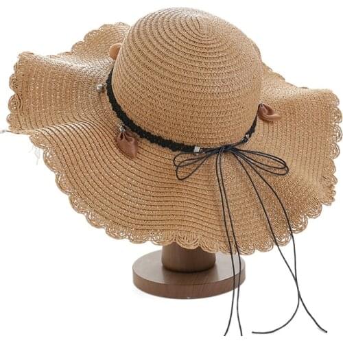 Foldable straw hat female summer sunscreen sunshade beach hat Korean version of the big wave skirt sandal hat leather rope braid