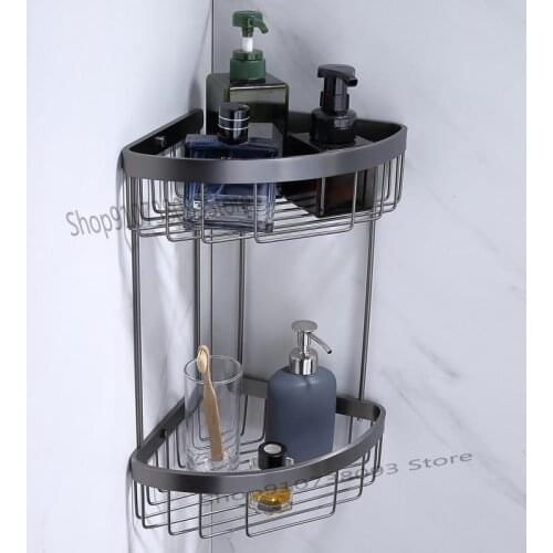 Gun Grey Triangle Double Layer Net Basket Bathroom Shower Gel Shampoo Corner Rack Bathroom Triangle