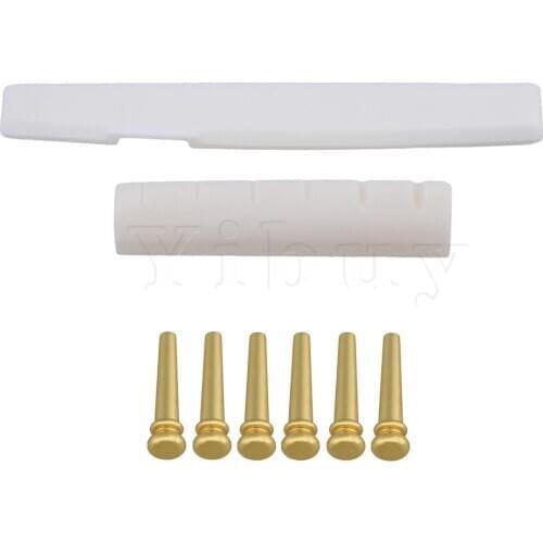 Yibuy White Folk Guitar Bone Saddle Nuts Set + Golden Brass Slotted End Pins