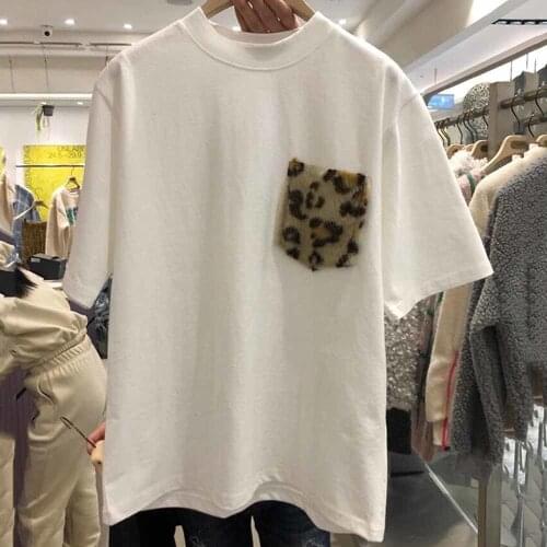 Leopard Patchwork Pockets Women Tshirt Harajuku short-sleeved T-shirt Streetwear Vintage T-Shirts
