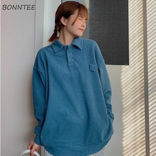 Women No Hat Hoodies Solid Plus Velvet Thicker Fleece Loose All-match Simple Winter Korean Style Warm Ladies Sweatshirts Casual