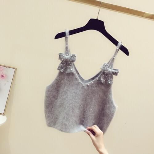 Mink Velvet Sling Sweet Sweater Vest Female 2020 New Autumn Winter Clothes Beaded Bowknot Woolen Sweaters Women Crop Top Sweater