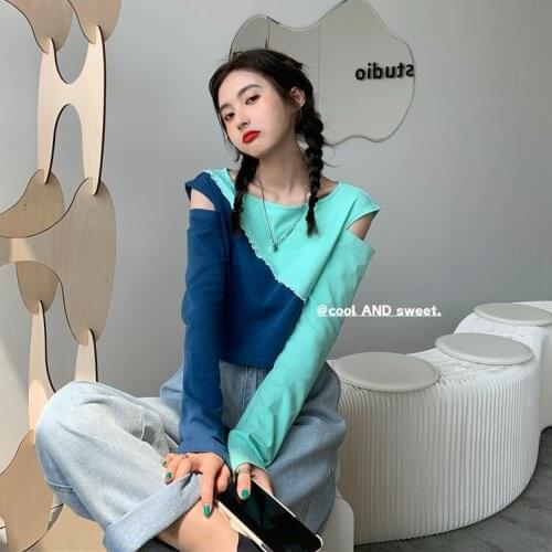 Contrast Color Sneaky Design Knitwear High Waist off Shoulder Fall Wear Long Sleeves Womens Top Short Inner