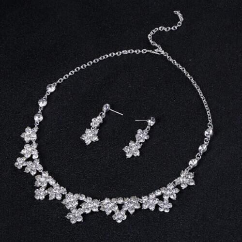 Flower Crystal Bridal Wedding Jewelry Sets Beads Silver Color Rhinestone Women Necklace earring Sets Engagement Jewelry