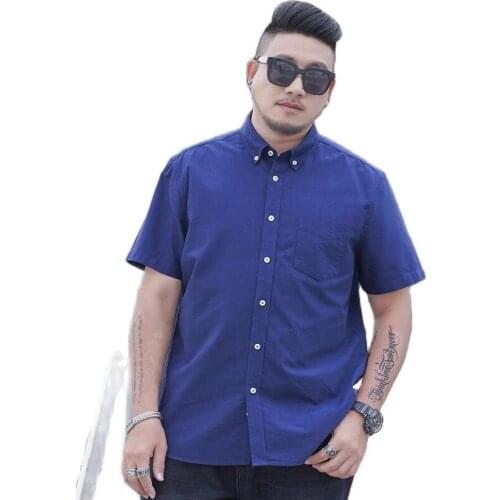 High quality Plus Size Summer mens Solid short sleeve dress shirt square collar non-iron regular fit anti-wrinkle pockets blue