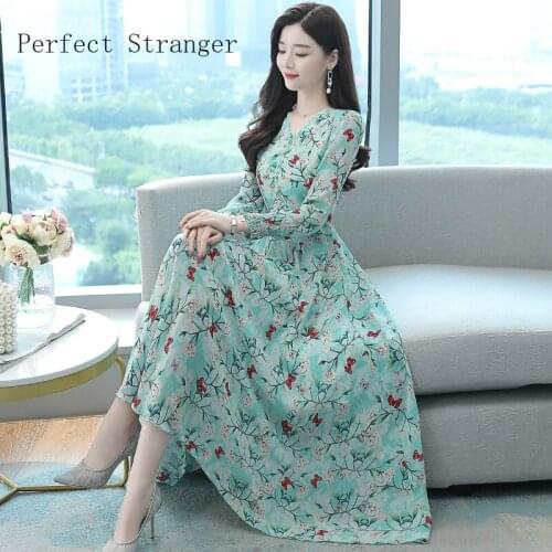 2021 Autumn New Arrival High Quality Korean V Collar Flower Printed Long Sleeve Collect Waist Women Long Chiffon Dress