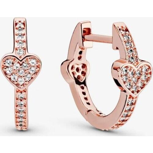 100% 925 Sterling Silver Rose Gold Pave Heart Hoop Earrings for Women Wedding Earr ing Fine Jewelry Party Gift Brincos