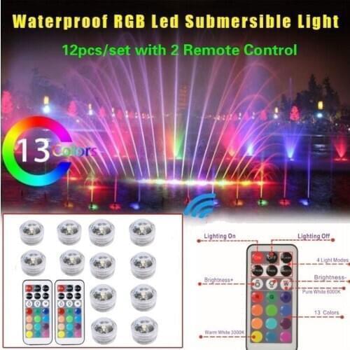 12pcs /set Aquarium/Pool/fountain RGB Submersible Led Decoration Light Remote Control Underwater Lamp