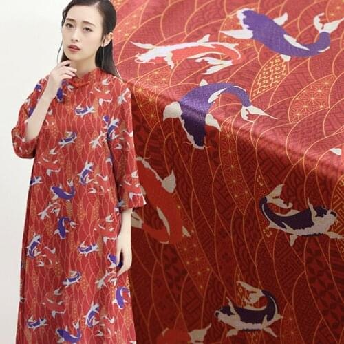 140CM 30MM Lucky Fishes Print Dark Red Heavy Silk Fabric for Spring and Autumn Suit Dress Shirt Clothes Pants B127