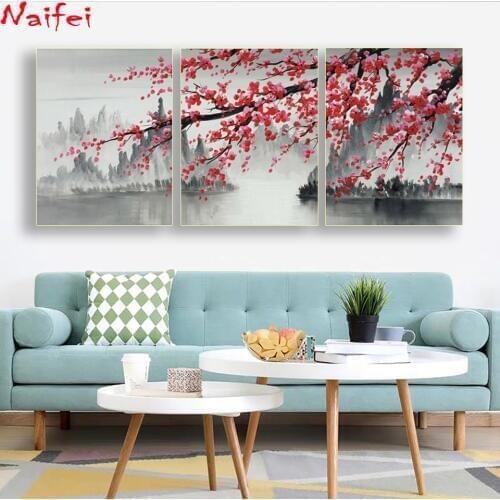 New 5d Diamond Painting 3 Panel Chinese Style Plum Wall Art Picture Mosaic Full Square Round Drill Diamond Embroidery Home Decor
