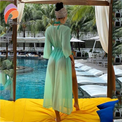Andzhelika Swimsuit Cover Up 2021 Women Sexy Beach Cover-Ups Chiffon Long Dress Solid Beach Cardigan Bathing Suit Cover Up