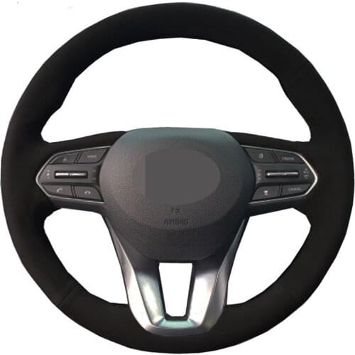 Car Steering Wheel Cover DIY Hand-stitched Black Genuine Leather Suede For Hyundai Santa Fe 2019 2020