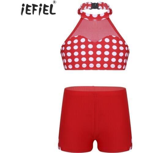 Kids Girls Clothes Set Halter Polka Dots Mesh Spliced Crop Top with Shorts Set for Ballet Dancewear Summer Cute Girls Outfit Set