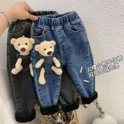 2020 Girls Kids Boys Cute Bear Jeans Winter Velvet Warm Long Pants Baby Denim Casual Pant Trousers Clothes Children Clothing