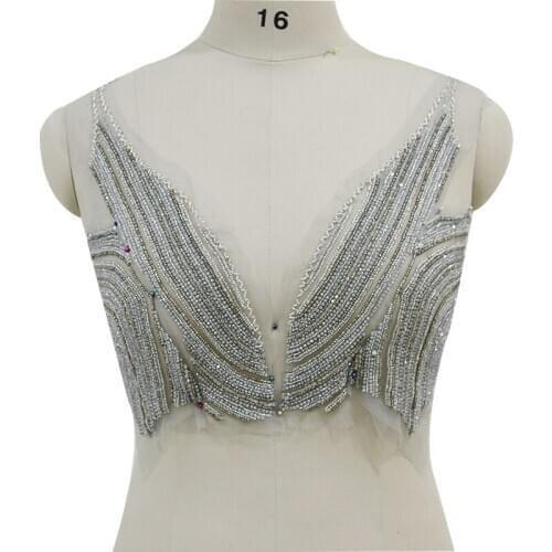 Hand-Made Dark V Rhinestone Beads Bodice Applique For Wonmens Dress WDP-317