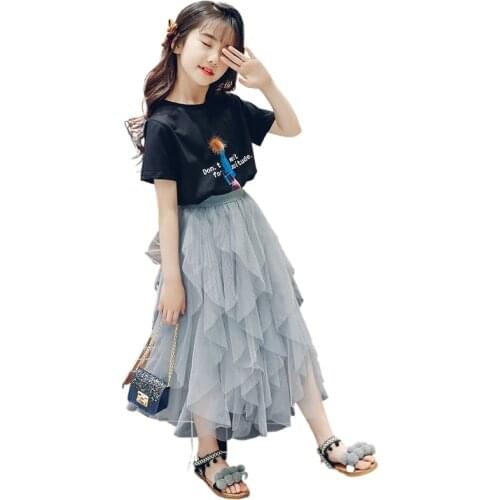 Girl Clothing-Set Cartoons Print Top Lace Irregular 2 Pc Outfit Summer Kids Clothes Novelty Princess Wedding Dance Party Suits