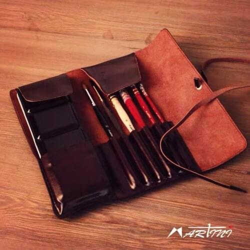 Martini Leather Watercolor Pencil Case Cowhide Retro 24 Color Solid Watercolor Paint Storage Bag Sketching Portable Pen Case