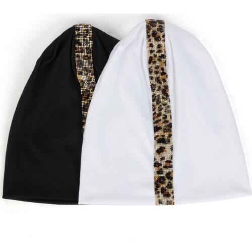 Fashion Women Leopard Rhinestones Cotton Beanies Baggy Spring Hats Mans Solid Color Caps Female Slouchy Skullies Beanies Unisex