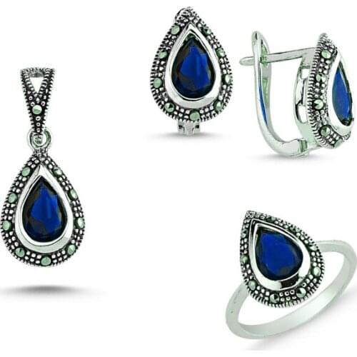 Silver 925 Sterling Marcasite Pendant Earring & Ring Set