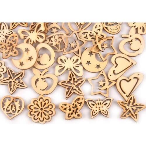 Natrual Random mixed Moon/Star/heart pattern wooden Scrapbooking Craft for Home decoration 20-35mm 25pcs MT0691