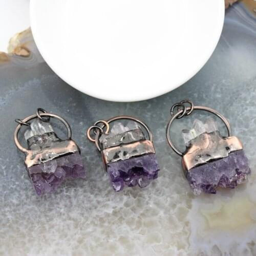 Natural Quartz Amethysts Druzy Geode Antique Brass Style Slab Pendant,Top Inlay Healing Crystal Stick Point DIY Necklace Jewelry