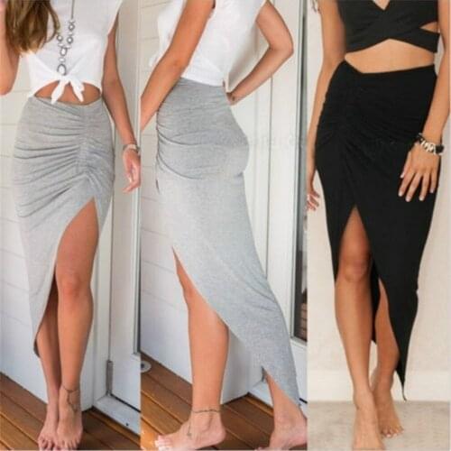 New Sexy Irregular Skirts Women Summer Charm Split Long Skirt Slim Party Bodycon Skirt Gray Black All-Match 2021