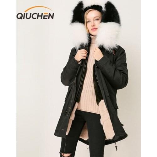 QIUCHEN 2019 New arrival free shipping natural rex rabbit fur raccon fur collar parka length88cm