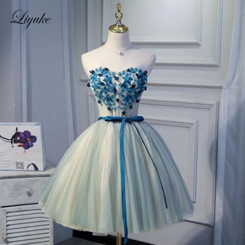 Liyuke Heart Appliques On Bust Part With Belt Prom Dress A Line Strapless Party Dress Knee-Length Dress