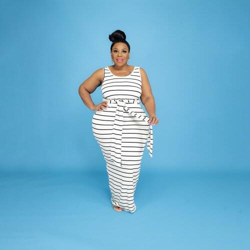 ChocoMisty-LadyPlus Plus-size Dresses Stripe Print Lace-up Maxi Dresses DHN002