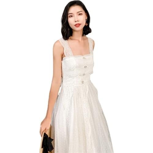 Seaside Elegant Temperament Super Fairy Splice Halters Long White Lace Dresses Summer Beach Style Loose Sleeveless Vestidos