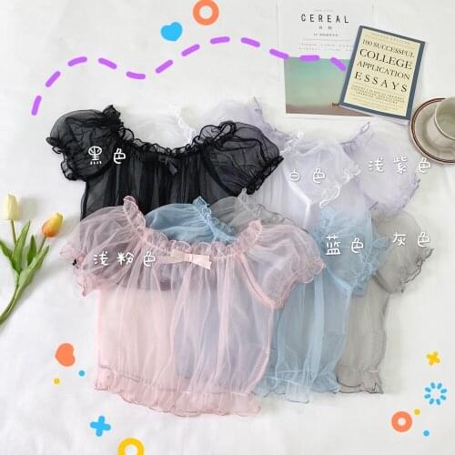 Super fairy Japanese soft dress dresses Lolita lined tops cute lolita inside puff sleeves chiffon shirt tops female summer