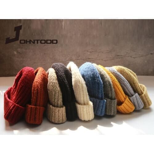 Adult boys and girls new unisex beanie hat rib knit flanging winter hat warm short beanie casual solid color beanie loose