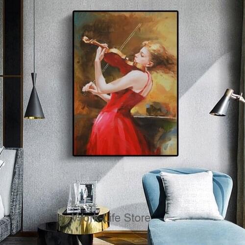 Modern figure Wall Art Creative Violin maiden Canvas Poster and Prints Classical Painting Study Room Decoration Hallway Picture