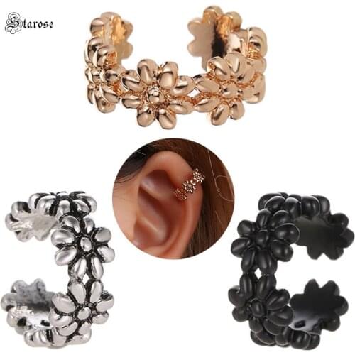 Starose 2pcs Daisy Flower Fake Earrings for Women Men Ear Piercing Helix Piercing Clip on Earrings Cuffs Fake Piercing Ear Cuff