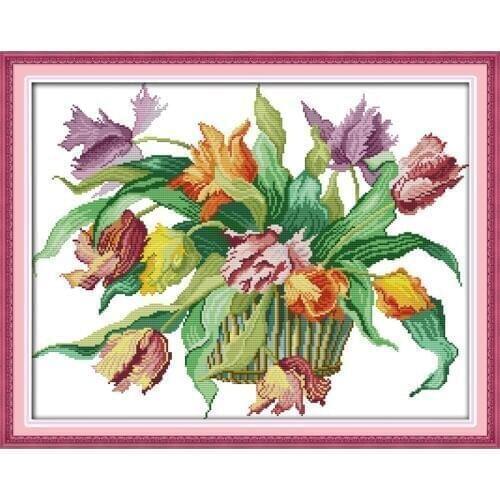 Everlasting loveTulips Chinese Cross Stitch Kits Ecological Cotton Clear Stamped Printed 11 14CT DIY Gift Christmas Decoration