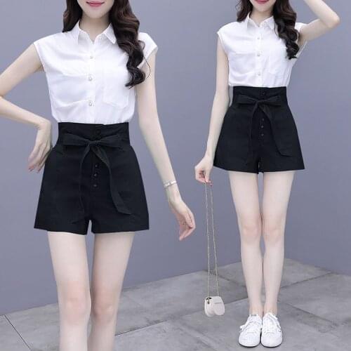 Women 2021 Summer 2 Piece Set Female Turn-down Collar Short Sleeve Blouses + High Waist Lace Up Shorts Ladies Fashion Suits Y38