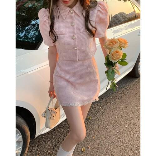 Sweet Temperament Pink Puff Sleeve Lapel Coat Women Single-breasted Short Jacket Summer Fashion Mini Skirts Matching Sets Chic