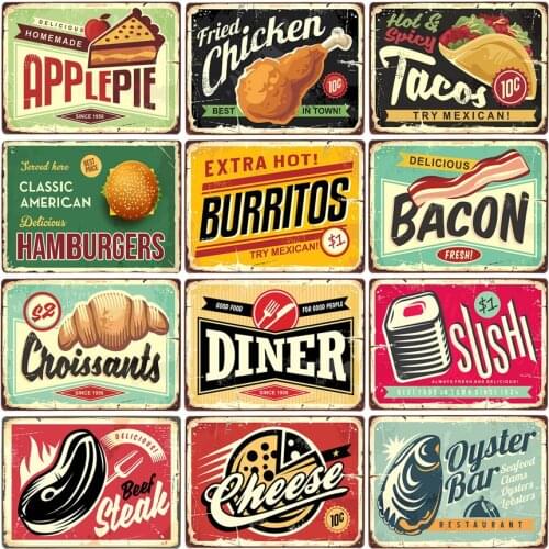 Burger Chicken Cakes Bacon Tin Sign Metal Decorative Plaques Retro Kitchen Restaurant Art Plate Paintings Decor Pin Up Food Sign