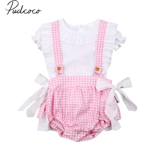 2019 Baby Summer Clothing Newborn Baby Girl 0-24M Ruffles Sleeve White T-shirt + Plaid Bow Ruffle Sling Pants Outfits 2pcs Sets