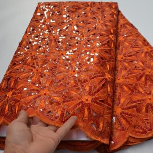 5yards/pc) High quality sequins embroidered African hand cut organza lace fabric in orange with beads or party dress OP161