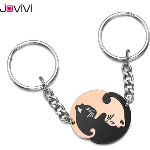 Jovivi 2pcs Yin Yang Cat Key Ring Matching Cute Cat Jigsaw Puzzle Key Chain Stainless Steel Pet Keychain for Couples Lover Gift