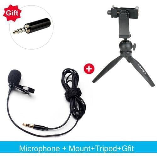 360 degree rotation phone stand smartphone holder +Clip-on Lavalier Microphone vlog video tripod for iPhone Android Smart Phones