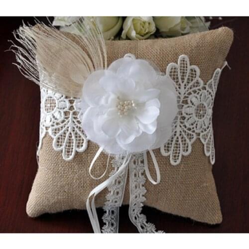 European Style 2020 New Burlap Square Ring Pillow Antique Wedding Decoration White Lace Flower Bearing Cushion Party Supplies