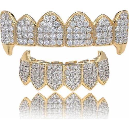 Hip Hop Teeth Grillz Iced Out AAA Zircon Top & Bottom Tooth Set For Men Women Vampire Tooth Grillz Jewelry