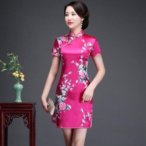 Chinese Qipao Cheongsam Peacock Print Chinese Traditional Dress Cheongsam Sexy Split Qi Pao Mini Women Dress Elegant Female