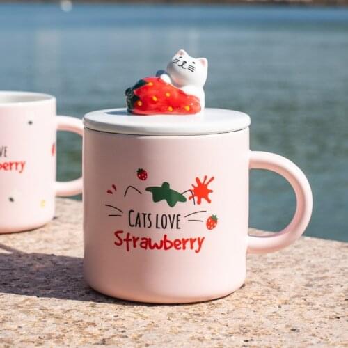 Creative Coffee Mug Korean Cartoon Cat Ceramic Mug Pink Mug With Cover Coffee Mug Christmas Gift Cute Mugs Coffee Cups