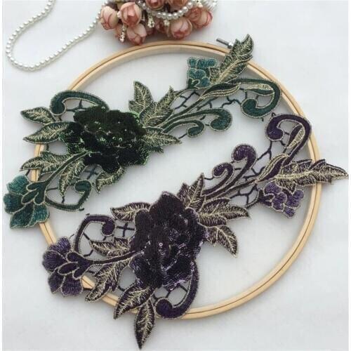 Hot Sale Rose Lace Applique With Sequins Water Soluble Flower Trim Lace Green Purple Color Wedding Dress DIY Material
