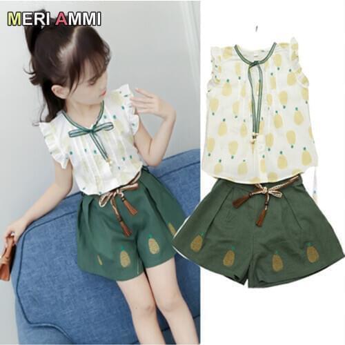 MERI AMMI 2 pcs Set Children Girl Clothing Outfit Set Sleeveless Floral Tee +Pineapple Print Shorts For 4-13 Year Girl